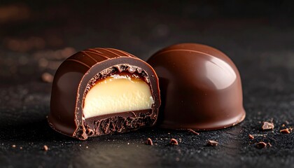 Bomb&oacute;n de chocolate partido por la mitad mostrando su interior l&iacute;quido, brillo intenso, textura cremosa, sensaci&oacute;n inmediata de sabor dulce y profundo