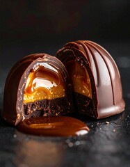 Bomb&oacute;n de chocolate partido por la mitad mostrando su interior l&iacute;quido, brillo intenso, textura cremosa, sensaci&oacute;n inmediata de sabor dulce y profundo