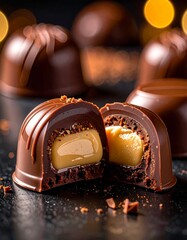 Bomb&oacute;n de chocolate partido por la mitad mostrando su interior l&iacute;quido, brillo intenso, textura cremosa, sensaci&oacute;n inmediata de sabor dulce y profundo