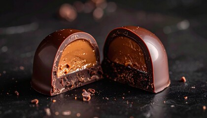 Bomb&oacute;n de chocolate partido por la mitad mostrando su interior l&iacute;quido, brillo intenso, textura cremosa, sensaci&oacute;n inmediata de sabor dulce y profundo