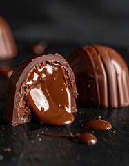 Bomb&oacute;n de chocolate partido por la mitad mostrando su interior l&iacute;quido, brillo intenso, textura cremosa, sensaci&oacute;n inmediata de sabor dulce y profundo