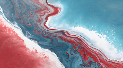 Abstract fluid acrylic pouring mixing blue and red colors
