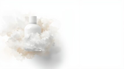 Cloud Dancer 2026 features white cosmetic bottle floating in soft clouds and gentle mist. Minimalist beauty product photography with ethereal atmosphere for luxury skincare and fragrance branding.