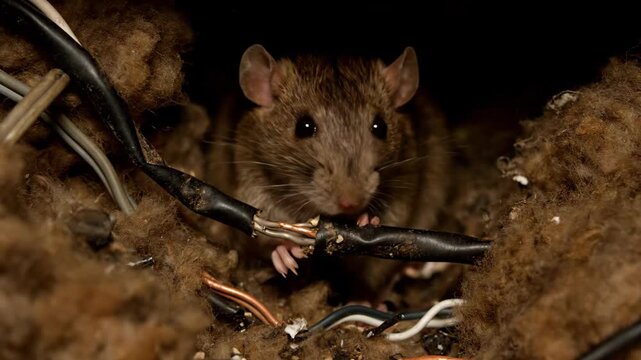 Rat in Insulation Chewing Wires - A brown rat is seen nestled within insulation, gnawing on electrical wires.