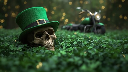 Skull in Leprechaun Hat Amongst Clover with Motorcycle in Background, St. Patrick's Day