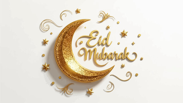 Eid al-Fitr greetings with golden crescent moon and stars on white background, hari perayaan eid al-fitr celebration design.