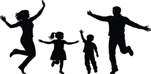 Obraz premium Happy family with two children jumping and dancing in silhouette isolated on white background celebrating success freedom togetherness health and active lifestyle concept