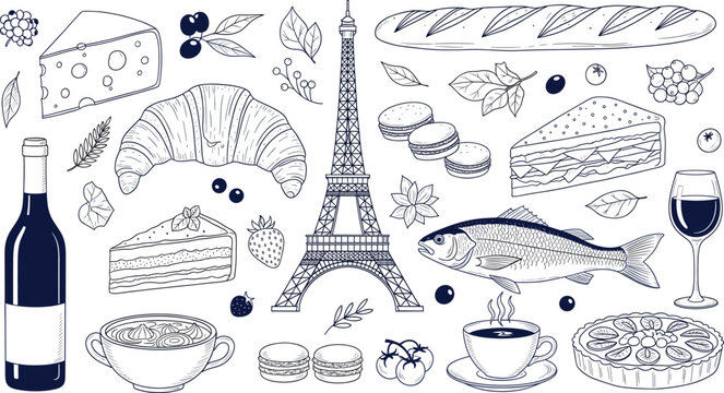 Elegant French travel vector set with Eiffel Tower croissant macarons wine cheese baguette and traditional caf&eacute; culinary illustrations.