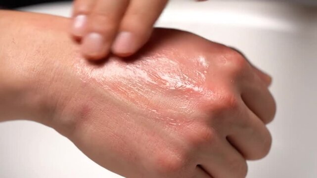 A hand applying clear gel to dry, flaky skin