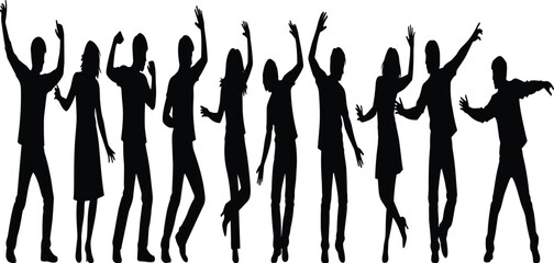 Large Group of Black Silhouettes of Diverse People Dancing and Celebrating at a Party or Music Festival Isolated on White Background for Design