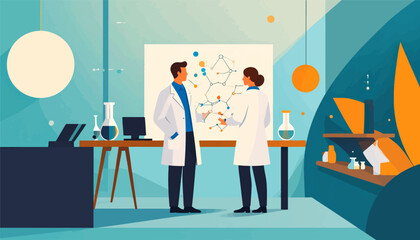 Two scientists in lab coats analyze a molecular structure diagram on a whiteboard