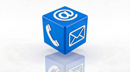 Blue communication cube with email and contact icons on white background
