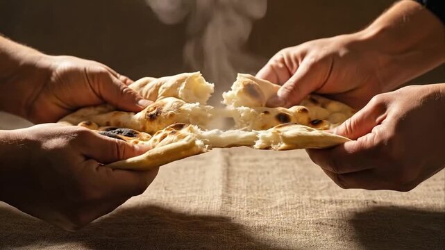 Hands passing freshly baked flatbread illuminated by warm light