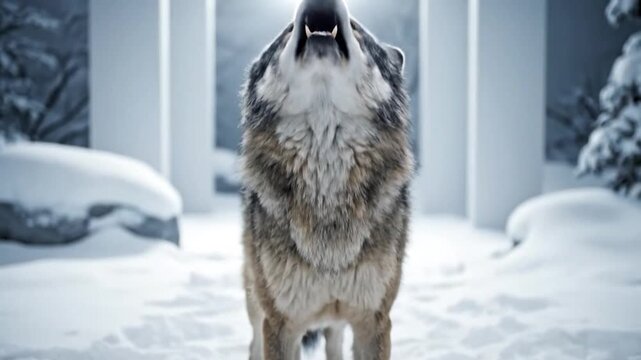 Majestic wolf howls in snowy, architectural landscape, head raised