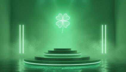 Neon Clover Stage with Podium and Smoke for St. Patrick's Day