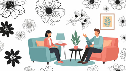 Two people talk in a room with a plant, lamp, picture, and flowers