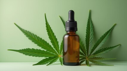 Fototapeta premium CBD oil bottle with hemp leaves, cannabidiol product, wellness supplement, natural remedy, hemp extract, anxiety relief, pain management, legal cannabis