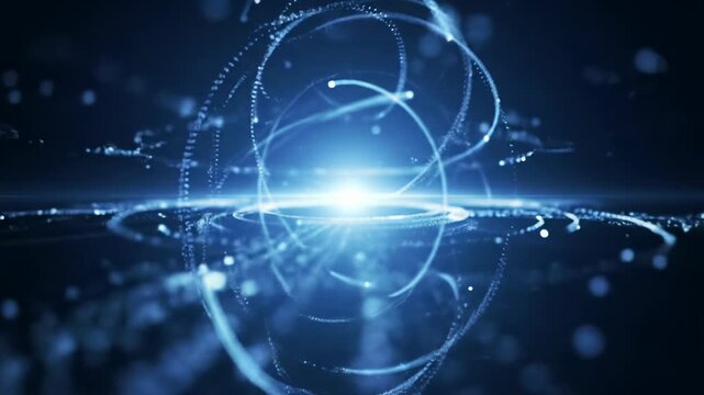 A mesmerizing white and electric blue light core pulsates in an infinite dark abstract digital realm, with luminous rays and glowing data points forming interconnected patterns, captured with a