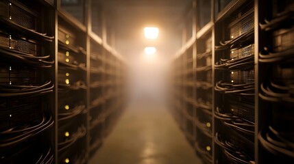 Dimly lit server room aisle filled with rows of computer racks organized cables and a warm hazy illuminated atmosphere
