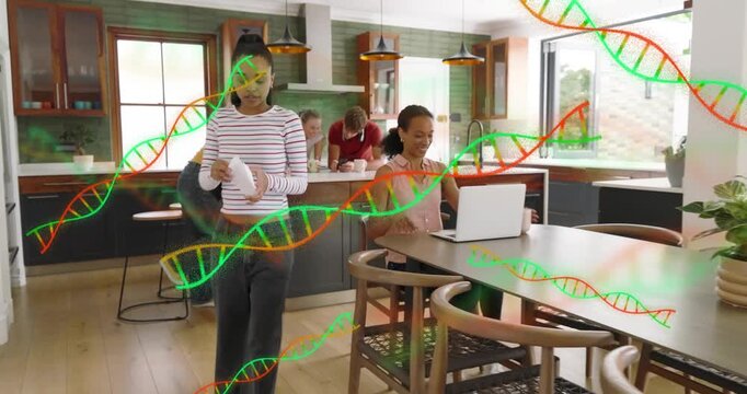 Girl in striped top receiving papers, moving and sorting mail for health while DNA helix overlaying