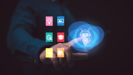 Businessman hand touching glowing artificial intelligence chatbot icon surrounded colorful digital application symbols representing education creativity global communication language processing data