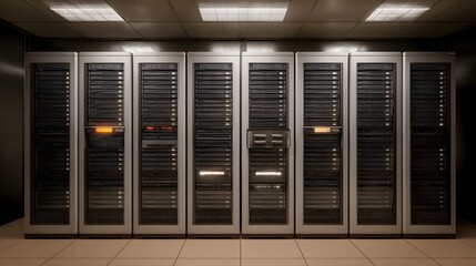 A digital data center with multiple rows of modern server racks illuminated by ceiling lights and glowing equipment indicators