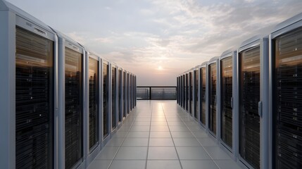 Rows of server racks are lined up on a rooftop platform under a serene sunrise sky