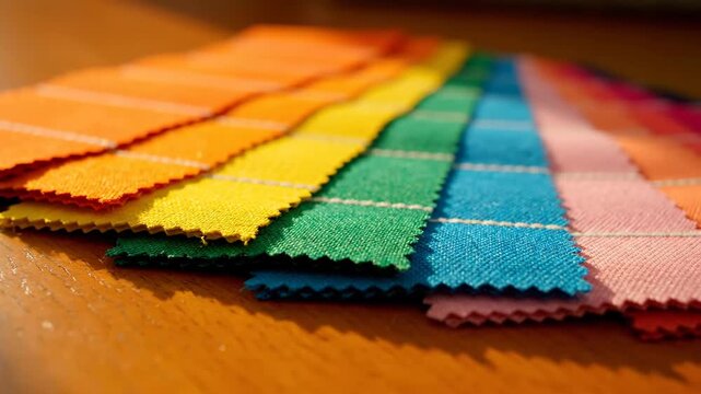 Rainbow Fabric Swatches - A close-up shot shows a vibrant collection of fabric swatches arranged in a rainbow spectrum on a wooden surface.