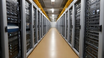 A long illuminated data center aisle with symmetrical rows of server racks filled with sophisticated computer hardware and networking equipment