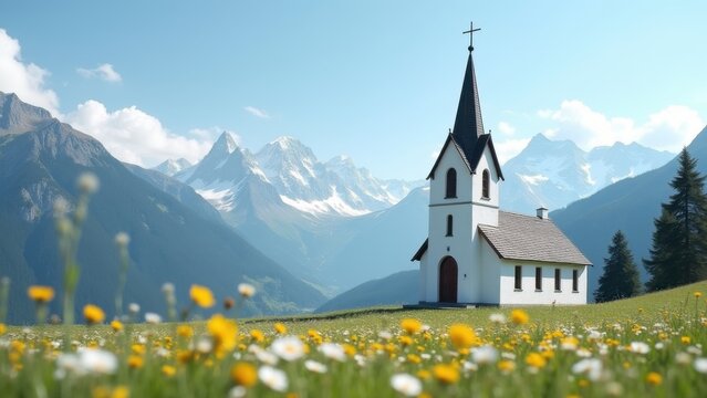 Traditional white mountain chapel with steeple cross, snow-capped Alpine peaks background, wildflower meadow, blue sky, European countryside, spiritual retreat, religious architecture - Powered by Adobe