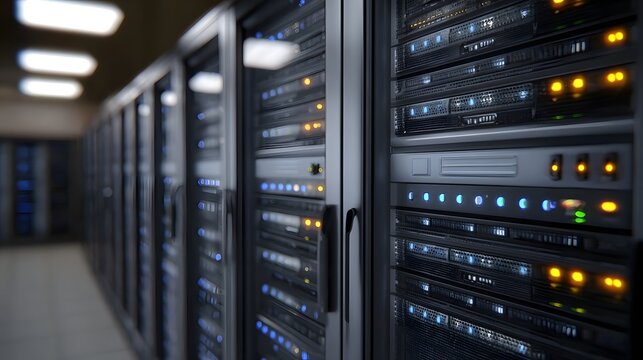 Data center aisle with rows of blinking server racks modern computer hardware and network infrastructure - Powered by Adobe