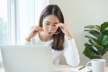 Eye problem concept, fatigue asian young woman tired eyes, irritated rubbing nose dry relief vision...