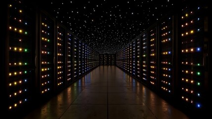 A futuristic server room with rows of blinking lights and a starry night sky above representing digital technology and data processing