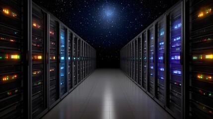 Perspective view of server racks with colorful blinking LEDs in a dark aisle under a starry sky symbolizing digital infrastructure