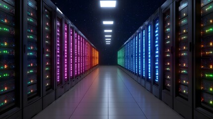 Futuristic data center aisle lined with vibrant colorful server racks and blinking lights