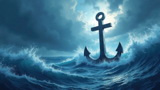 Heavy anchor cross plunging through raging stormy waves, faith steadfastness triumph, dynamic crashing foam