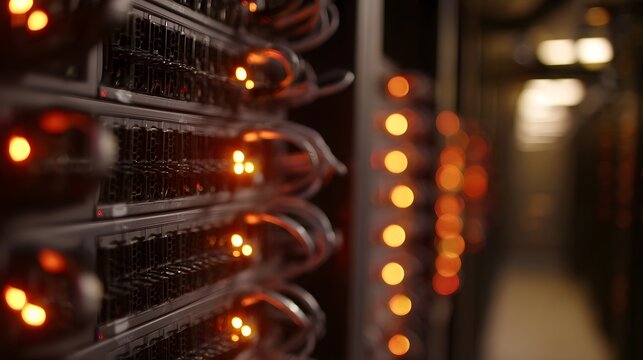 Rows of glowing server racks with blinking LEDs and organized cables in a dark illuminated data center - Powered by Adobe