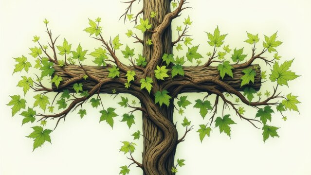 Vine and branches intertwined with cross, abiding in faith parable, lush leaves, Easter growth, botanical drawing, intricate veins, vibrant greens and woods, religious unity