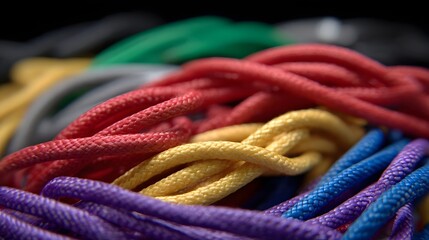 A close up view of a tangled pile of vibrant multi colored braided ropes