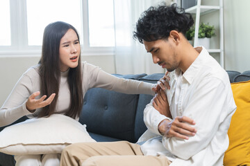 Fototapeta premium Breakup and depressed, asian young quarrel couple love fight relationship in trouble. Different people are emotion angry. Argue wife has expression upset with husband. Problem of family people.