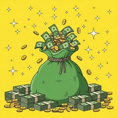 Bright Green Money Bag Filled with Cash and Coins on Yellow Background