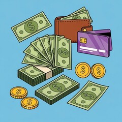 Illustration of Money Wallet with Cash Credit Card and Coins on Blue Background