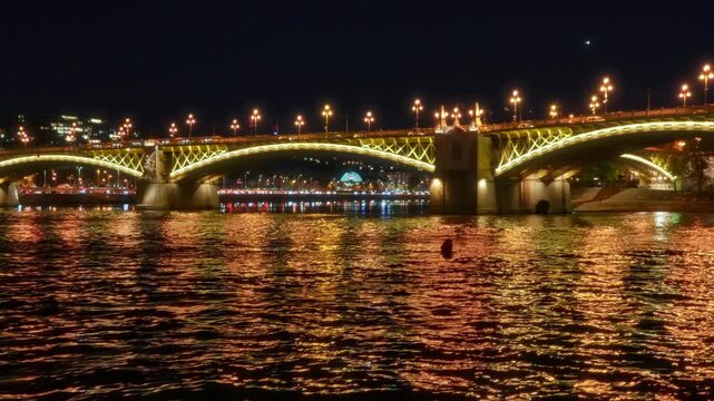 Panoramic view of Budapest city and Danube River at night, Margaret bridge, urban architecture with beautiful illumination, street lights and road traffic