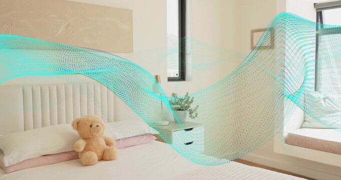 Translucent turquoise mesh wave entering from left, sweeping across bedroom and visualizing airflow