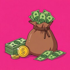 Illustration of Money Bag with Cash and Coins on Pink Background