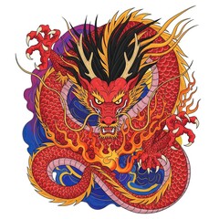 Colorful Traditional Dragon Illustration with Fiery Details in Artistic Style