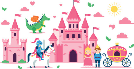 Magical pink fairytale castle vector set with dragon knight on horse prince princess and royal carriage fantasy illustrations. © Minara
