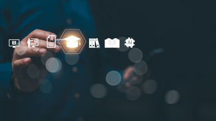 Professional person uses digital technology interface showcasing education icons like graduation cap, artificial intelligence chip, books, certificates. Online learning platform provides virtual