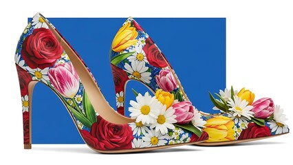 A pair of high-heeled shoes with floral pattern standing on a white surface against a blue background from a side viewpoint showcasing vibrant flowers and intricate design