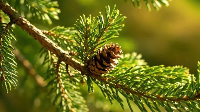 Pine Branch and Cone - A close-up shot of a pine tree branch featuring vibrant green needles and a small brown pine cone.